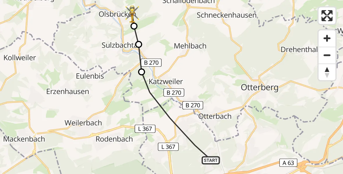 Routekaart van de vlucht: Rettungshubschrauber nach Olsbrücken, Am Waldhof