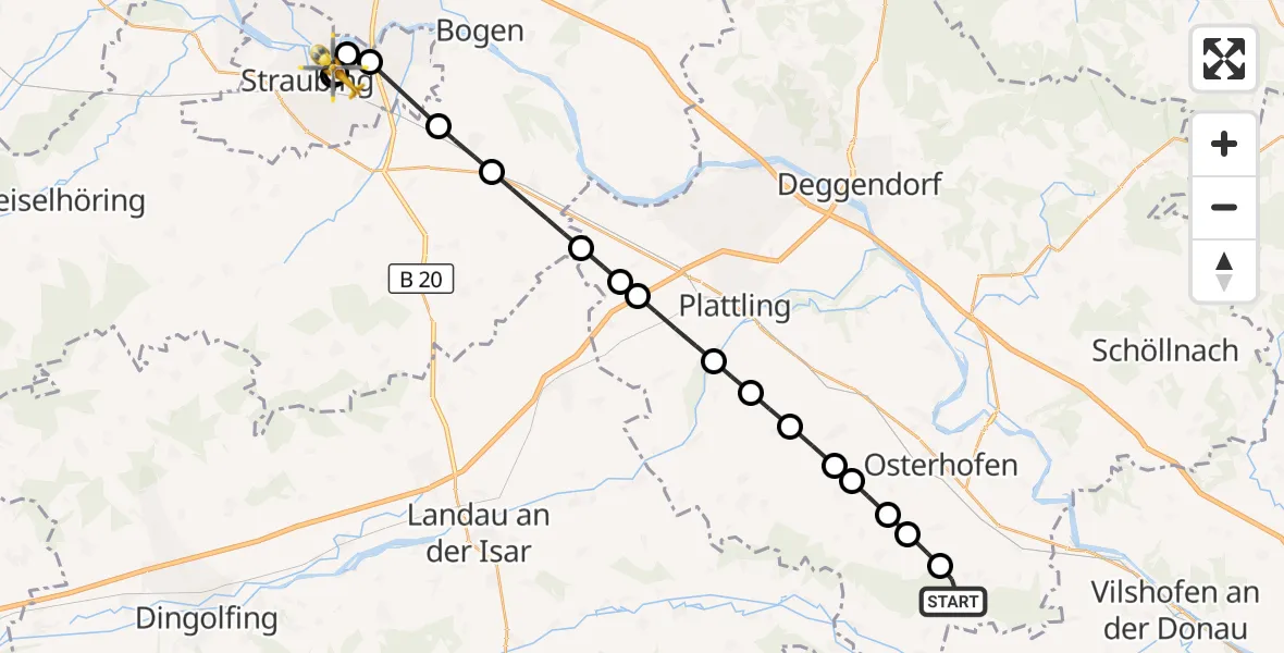 Flugroute Rettungshubschrauber Forsthart - Sankt Elisabeth Hospital Straubing, 18 März 2026, 12:59