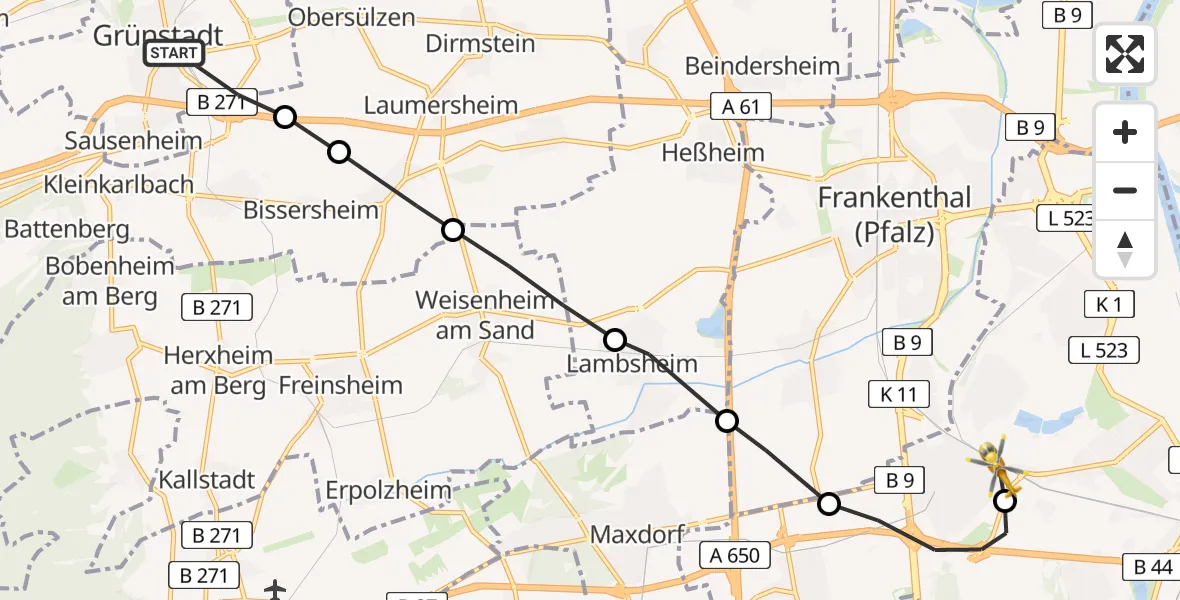 Flugroute Rettungshubschrauber Grünstadt - Ludwigshafen am Rhein, 18 März 2026, 12:59