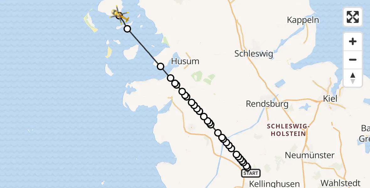 Flugroute Rettungshubschrauber Hohenaspe - Wyk auf Föhr, 18 März 2026, 13:03