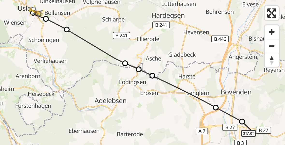 Flugroute Rettungshubschrauber Göttingen University Clinic Heliport - Uslar, 18 März 2026, 13:04