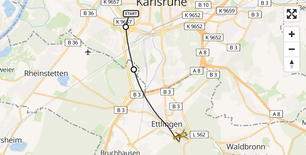 Flugroute Rettungshubschrauber Sankt Vincentius Hospital - Ettlingen, 18 März 2026, 13:10