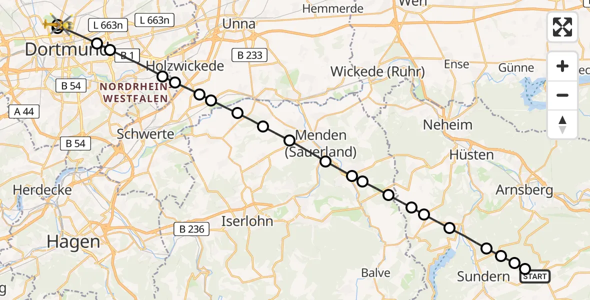 Flugroute Rettungshubschrauber Hellefeld - Dortmund Hospital North, 18 März 2026, 13:12