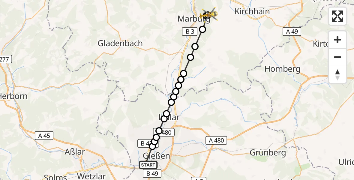 Routekaart van de vlucht: Rettungshubschrauber nach Marburg University Hospital Rooftop
