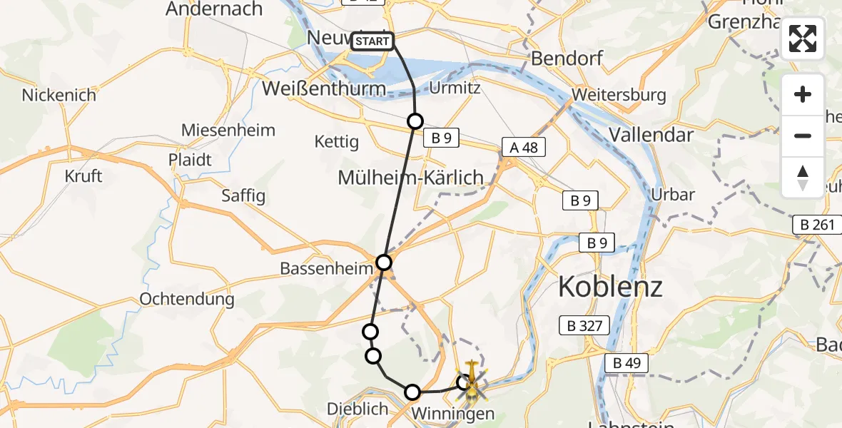 Flugroute Ambulanzhubschrauber Neuwied - Koblenz-Winningen Airfield, 18 März 2026, 13:23