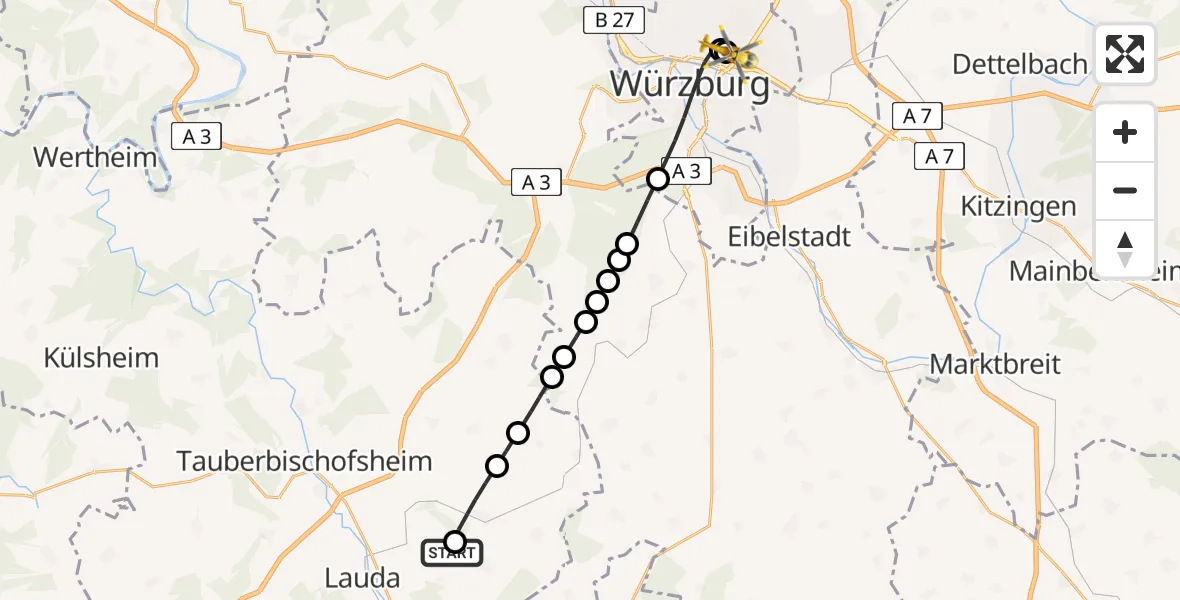 Routekaart van de vlucht: Rettungshubschrauber nach Würzburg University Hospital Rooftop
