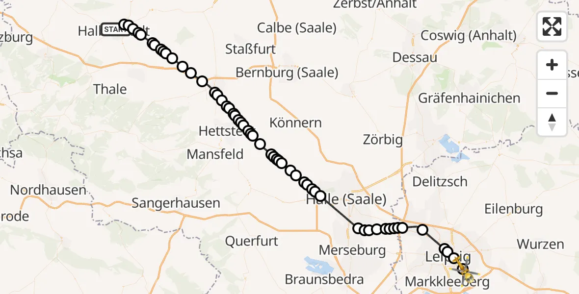 Routekaart van de vlucht: Ambulanzhubschrauber nach Leipzig Heart Center Rooftop Heliport