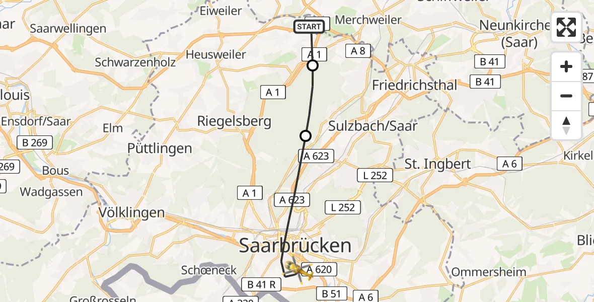 Flugroute Rettungshubschrauber Heusweiler - Saarbrücken, 18 März 2026, 13:28
