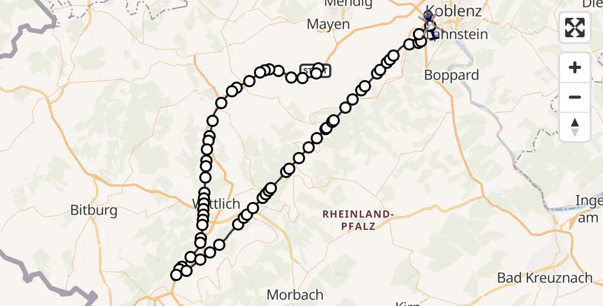 Flugroute Polizeihubschrauber Eulgem - Koblenz-Winningen Airfield, 18 März 2026, 13:30