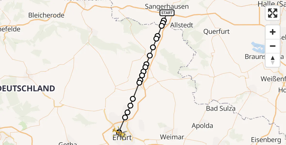 Flugroute Ambulanzhubschrauber Sangerhausen - Helios Clinic Erfurt, 18 März 2026, 13:32