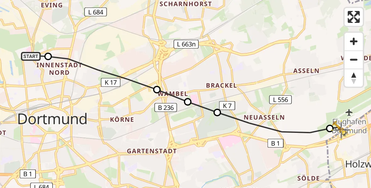 Flugroute Rettungshubschrauber Dortmund Hospital North - Dortmund Airport, 18 März 2026, 13:34