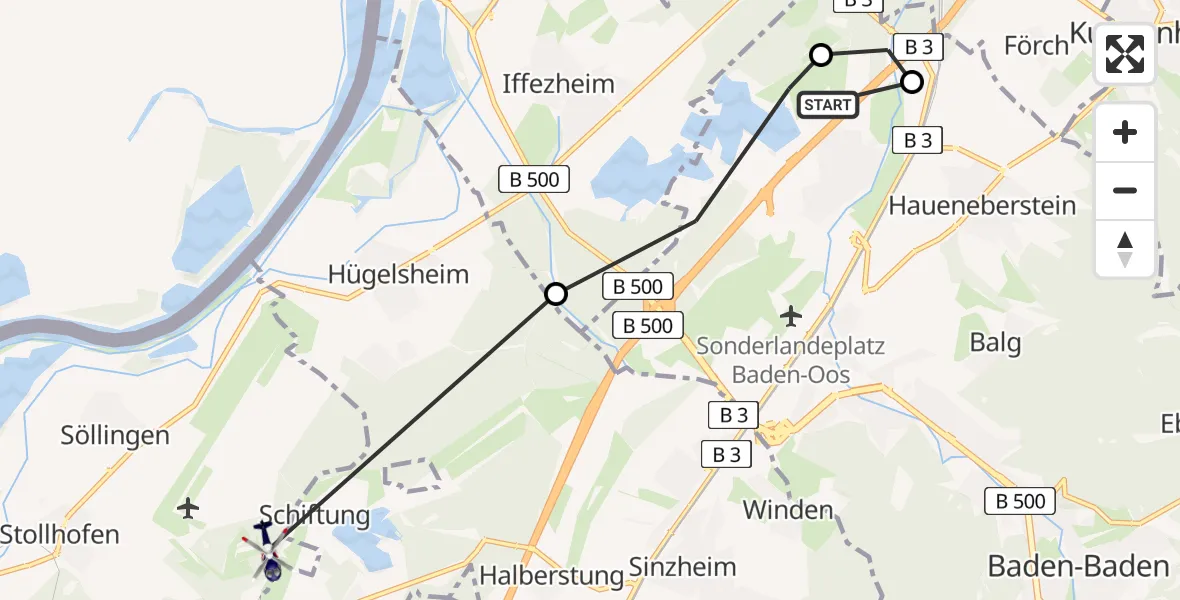 Flugroute Polizeihubschrauber Sandweier - Stollhofen, 18 März 2026, 13:43