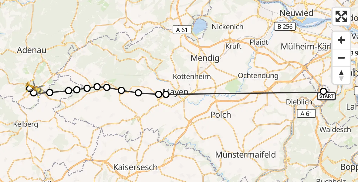 Flugroute Ambulanzhubschrauber Koblenz-Winningen Airfield - Nürburg, 18 März 2026, 13:48