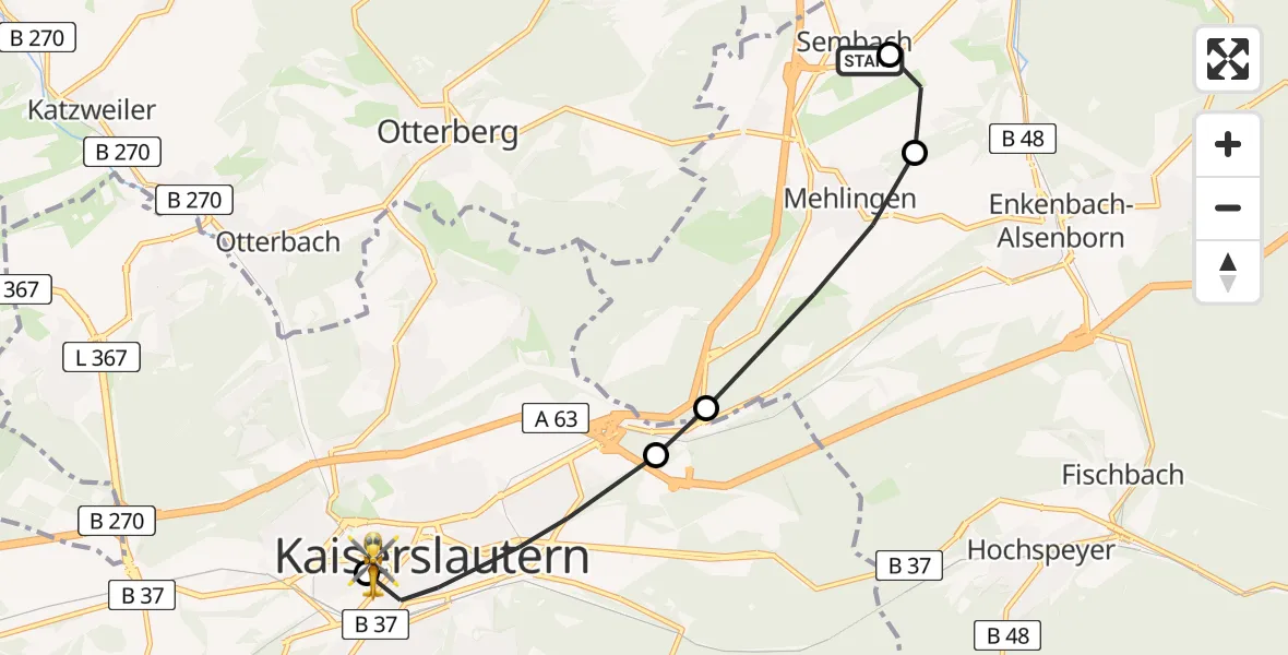 Routekaart van de vlucht: Rettungshubschrauber nach Westpfalz Hospital Kaiserslautern