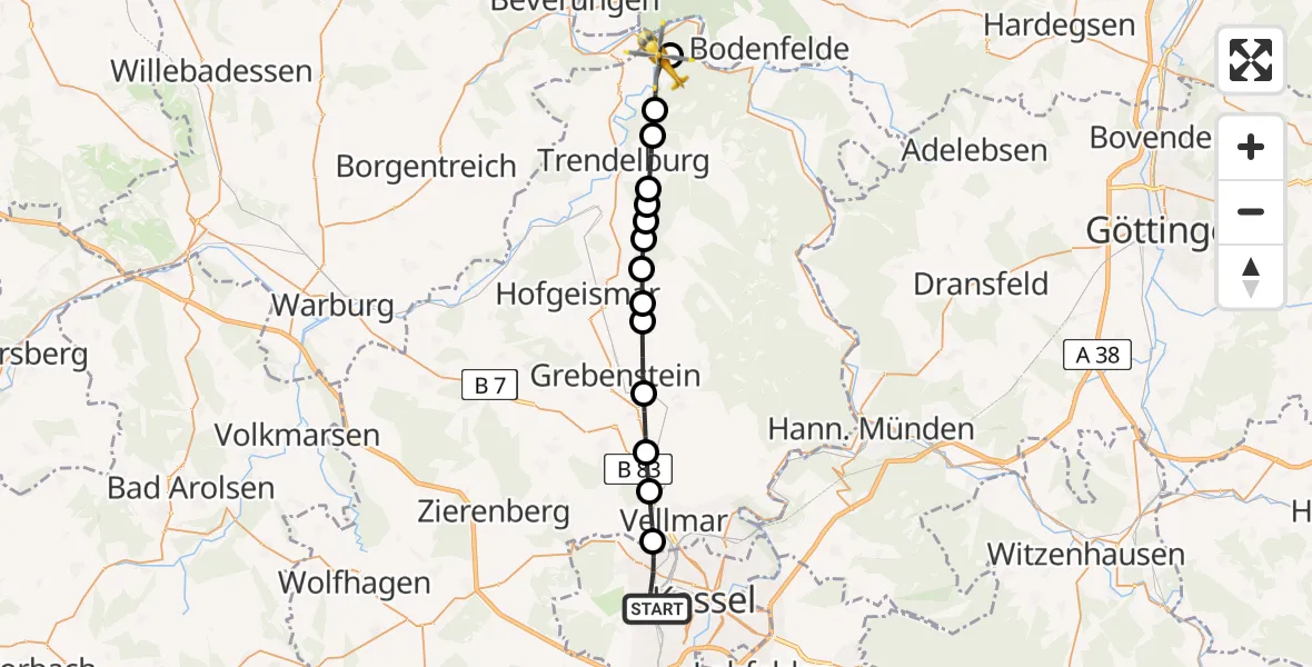 Flugroute Rettungshubschrauber Kassel - Helmarshausen, 18 März 2026, 13:53