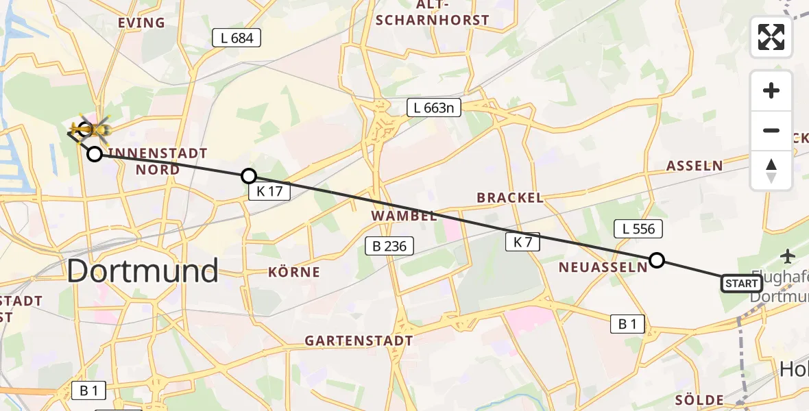 Flugroute Rettungshubschrauber Dortmund Airport - Dortmund Hospital North, 18 März 2026, 13:58