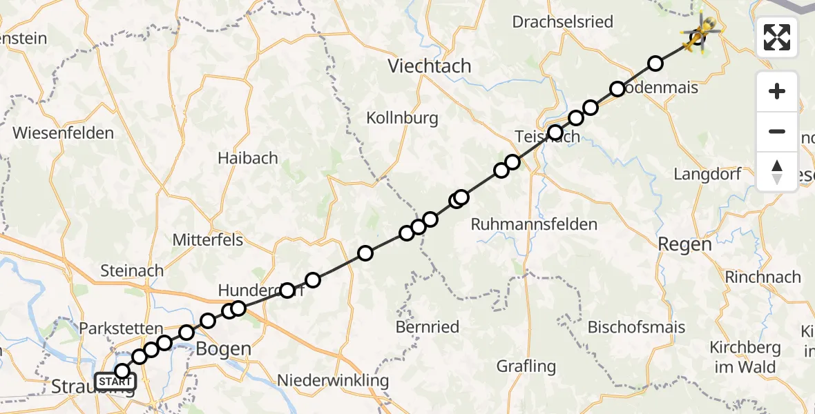 Flugroute Rettungshubschrauber Sankt Elisabeth Hospital Straubing - Bayerisch Eisenstein, 18 März 2026, 13:59