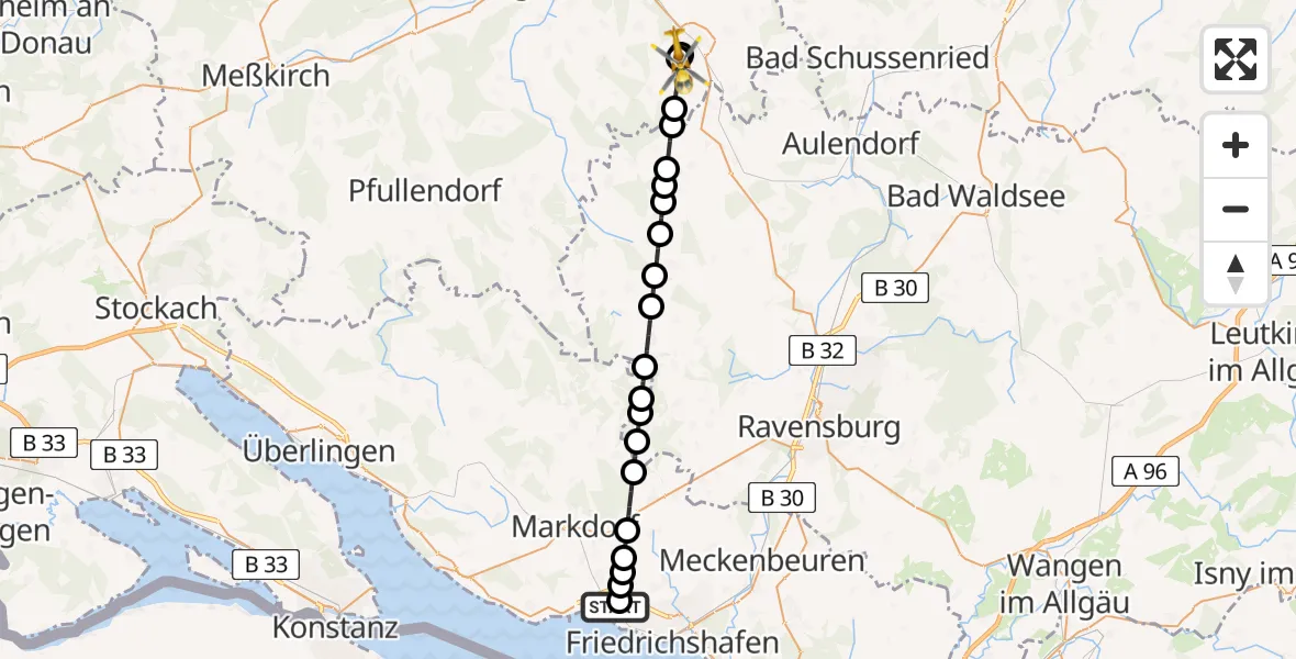 Flugroute Rettungshubschrauber Friedrichshafen Hospital - Bad Saulgau, 18 März 2026, 14:02