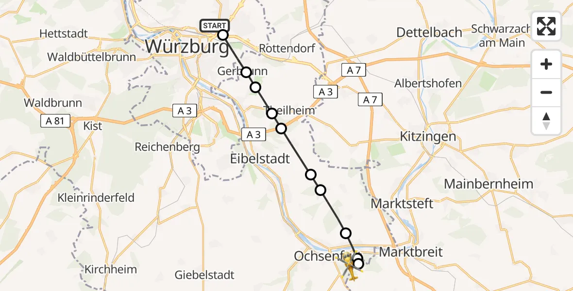 Routekaart van de vlucht: Rettungshubschrauber nach Ochsenfurt Hospital