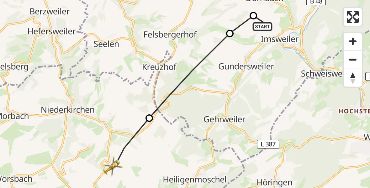 Flugroute Rettungshubschrauber Imsweiler UL - Niederkirchen, 18 März 2026, 14:29