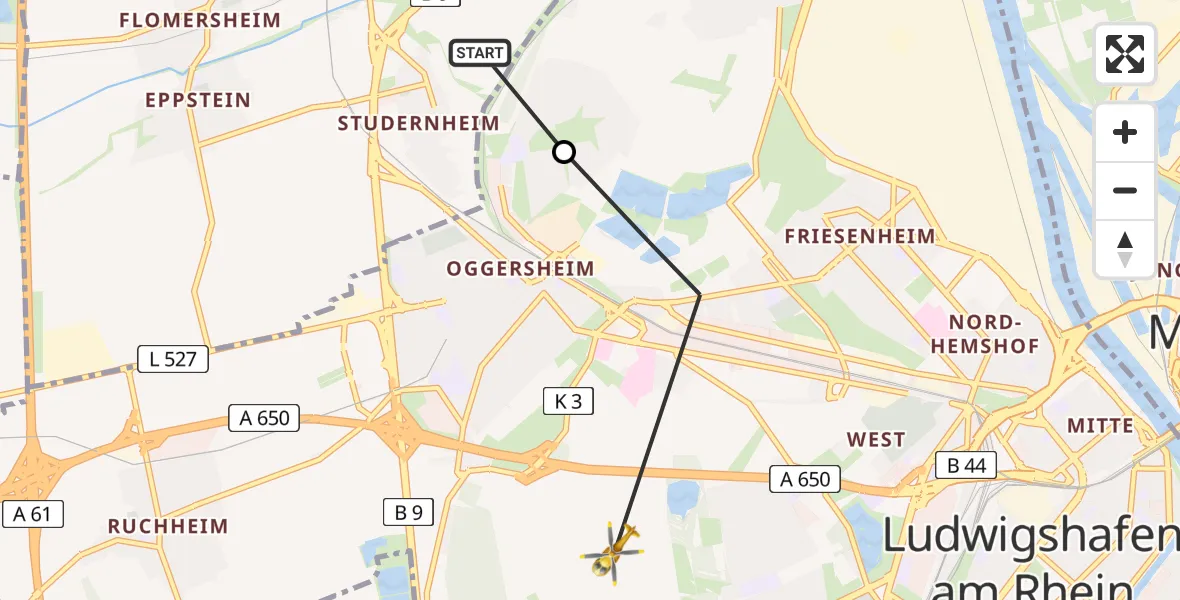 Flugroute Rettungshubschrauber Frankenthal (Pfalz) - Ludwigshafen am Rhein, 18 März 2026, 14:30