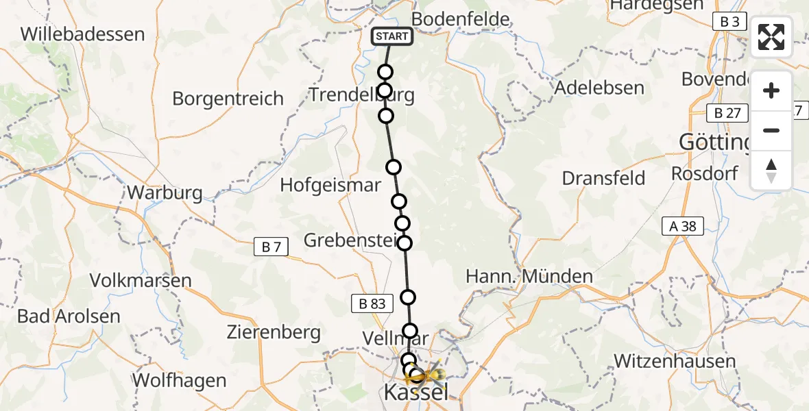 Flugroute Rettungshubschrauber Helmarshausen - Kassel, 18 März 2026, 14:35