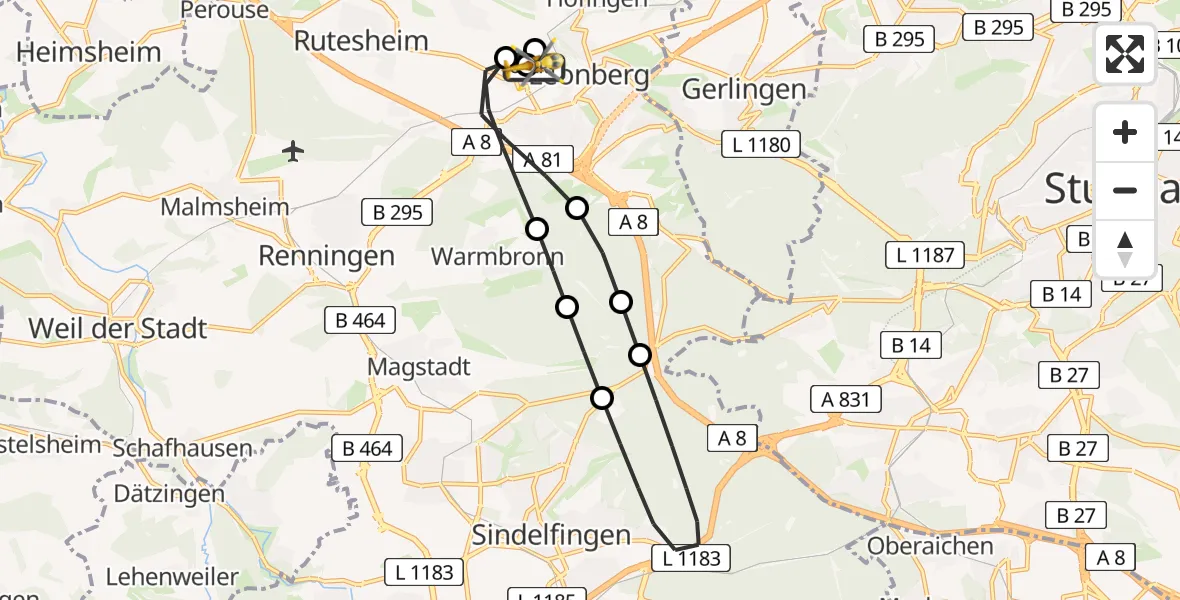 Flugroute Rettungshubschrauber Leonberg Hospital - Leonberg Hospital, 18 März 2026, 15:09