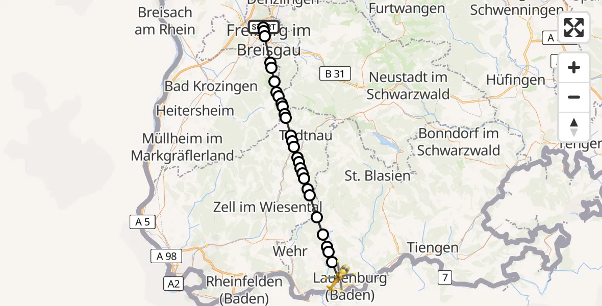 Flugroute Rettungshubschrauber Freiburg im Breisgau Airfield - Murg, 18 März 2026, 15:15