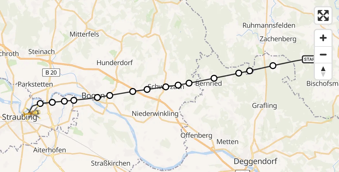 Flugroute Rettungshubschrauber Habischried - Sankt Elisabeth Hospital Straubing, 18 März 2026, 15:25