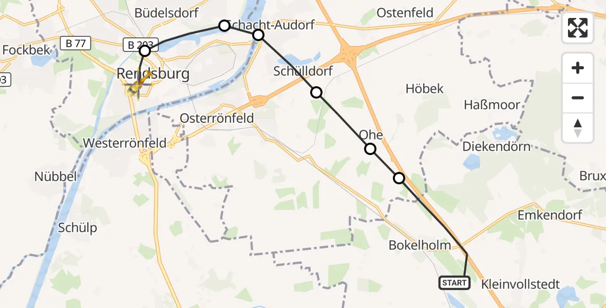 Flugroute Rettungshubschrauber Kleinvollstedt - Rendsburg, 18 März 2026, 15:30