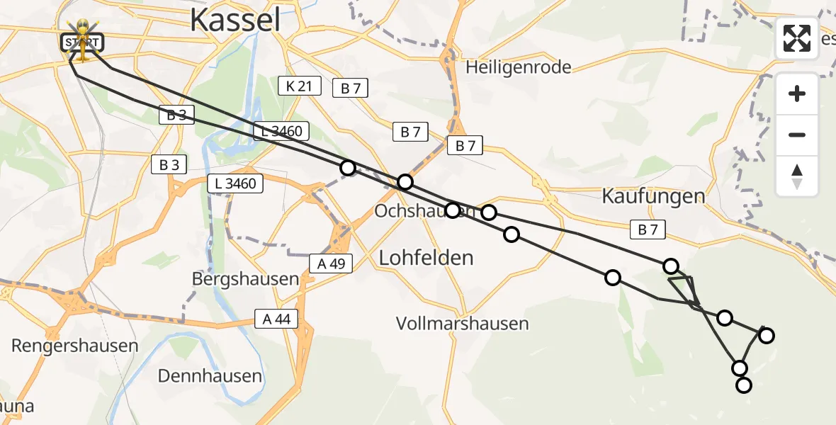 Flugroute Rettungshubschrauber Kassel - Kassel, 18 März 2026, 15:50