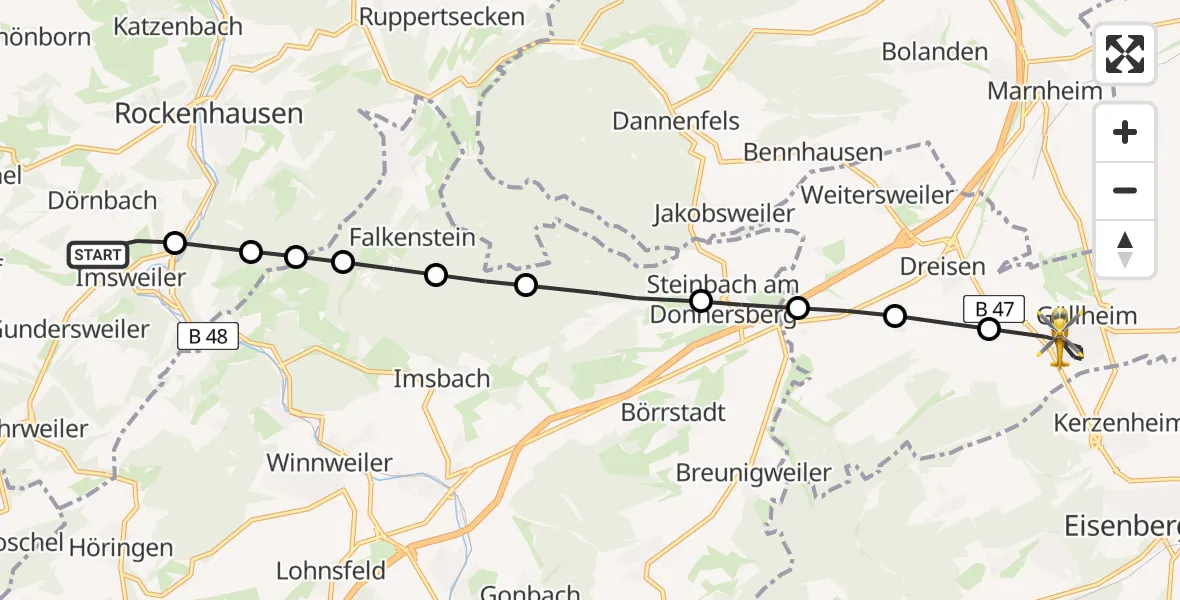 Routekaart van de vlucht: Rettungshubschrauber nach Göllheim, Königskreuzstraße