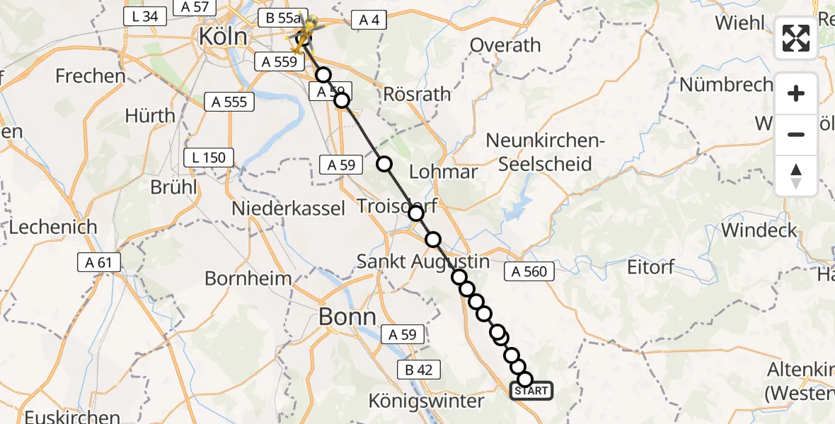 Flugroute Rettungshubschrauber Quirrenbach - Merheim Hospital, 18 März 2026, 15:53