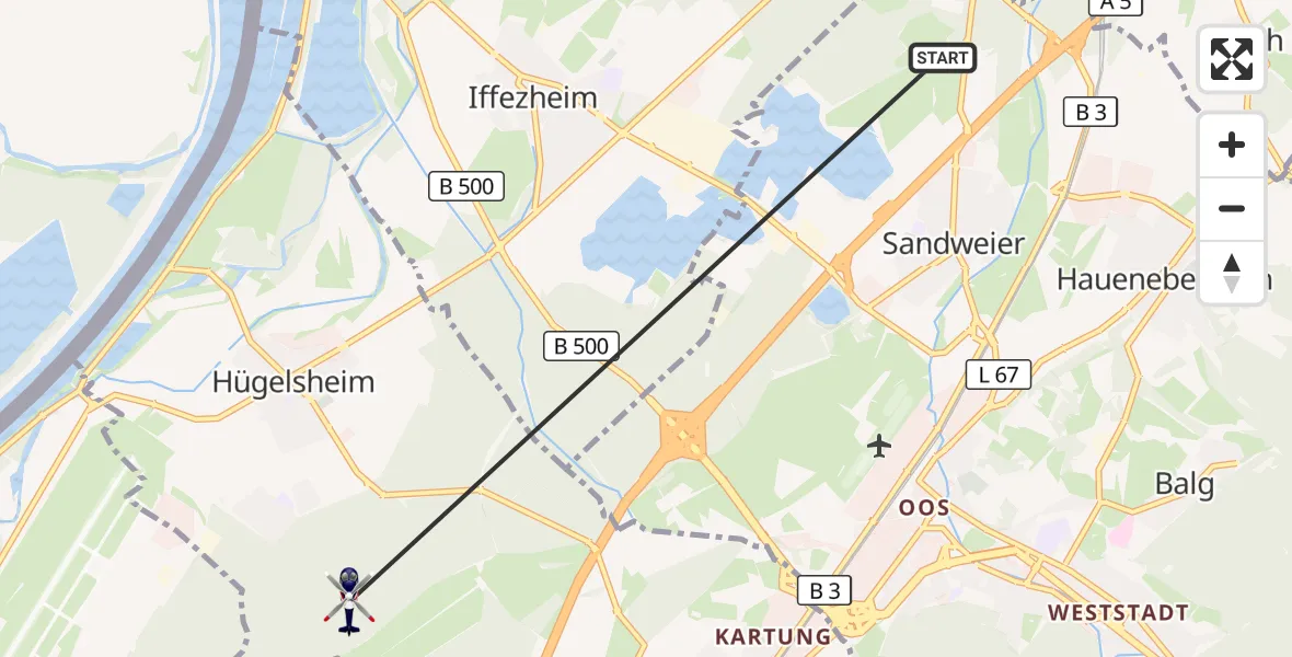 Flugroute Polizeihubschrauber Sandweier - Hügelsheim, 18 März 2026, 15:57