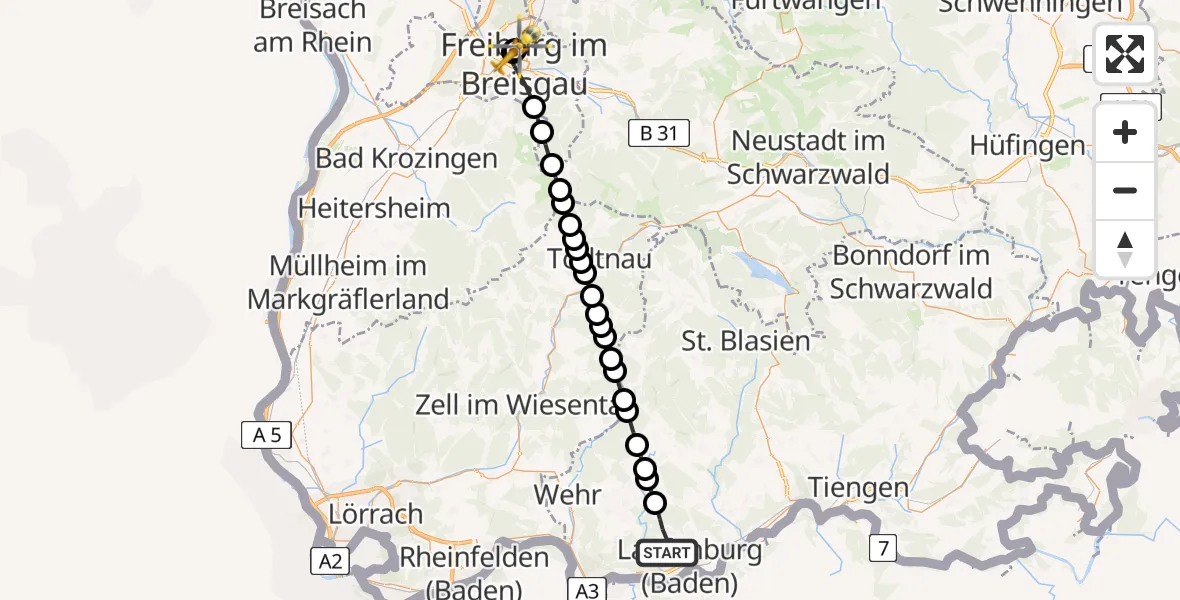 Routekaart van de vlucht: Rettungshubschrauber nach Freiburg University Hospital Heliport 1