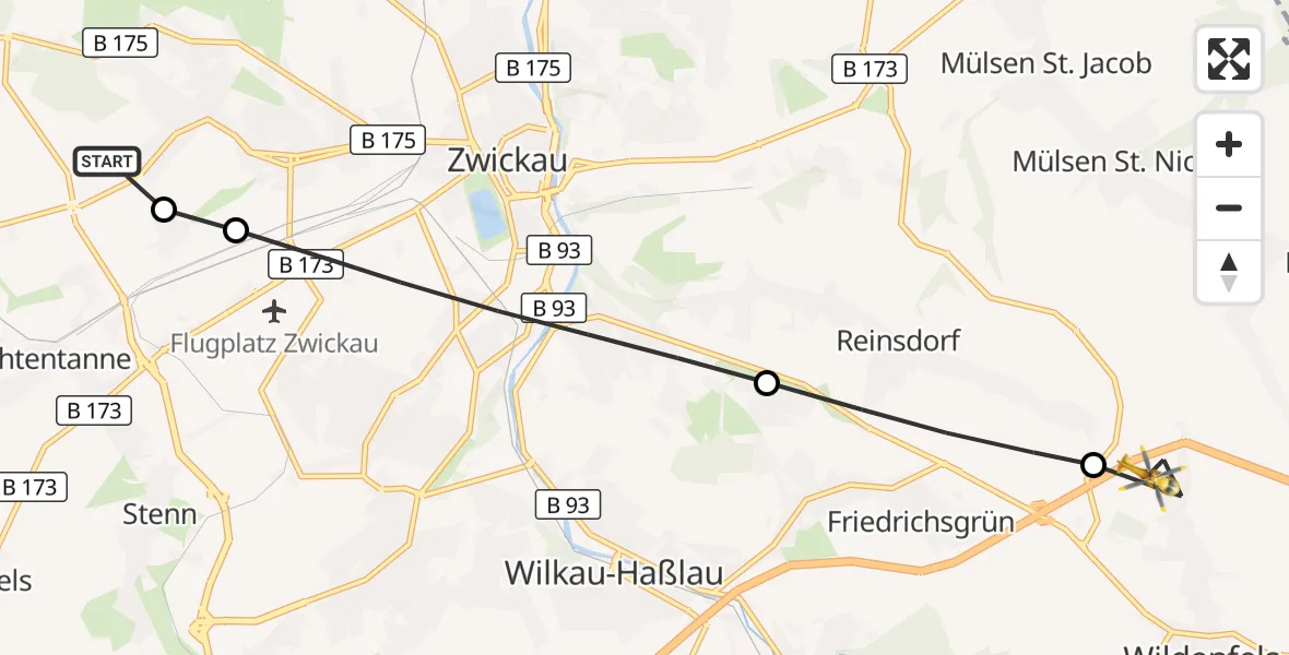 Flugroute Rettungshubschrauber ADAC Air Rescue Station Zwickau Heliport - Wildenfels, 18 März 2026, 16:16