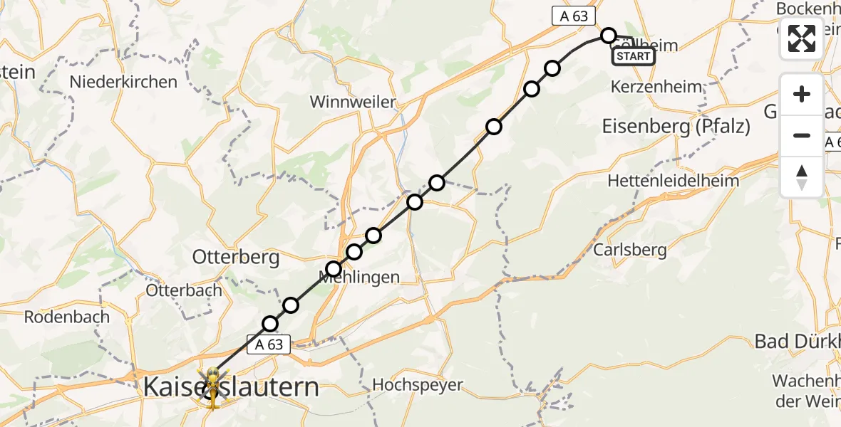 Flugroute Rettungshubschrauber Göllheim - Westpfalz Hospital Kaiserslautern, 18 März 2026, 16:25