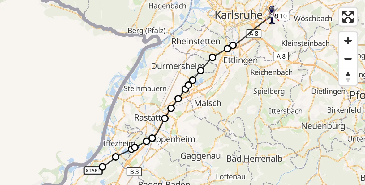 Flugroute Polizeihubschrauber Karlsruhe Baden-Baden Airport - Karlsruhe, 18 März 2026, 16:27