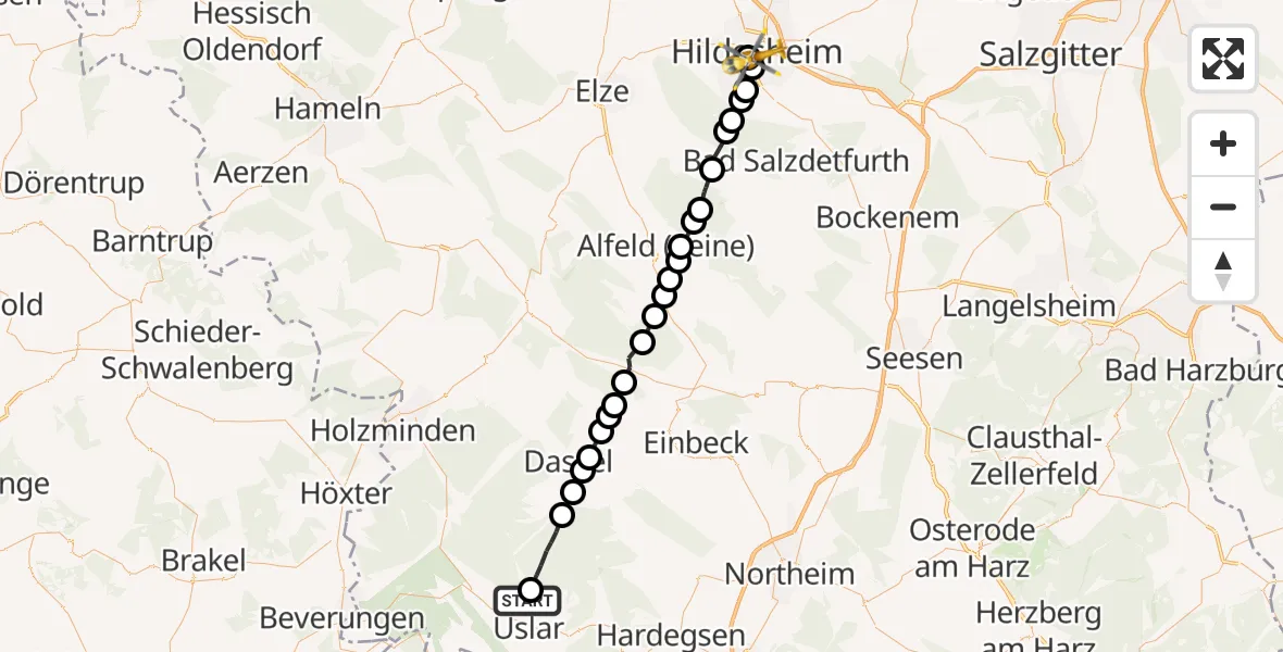 Flugroute Ambulanzhubschrauber Uslar - Stadtmitte/Neustadt, 18 März 2026, 16:38