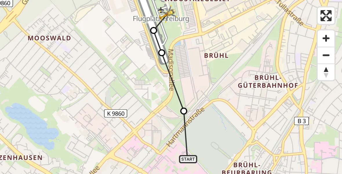Flugroute Rettungshubschrauber Freiburg University Hospital Heliport 1 - Freiburg im Breisgau Airfield, 18 März 2026, 16:39