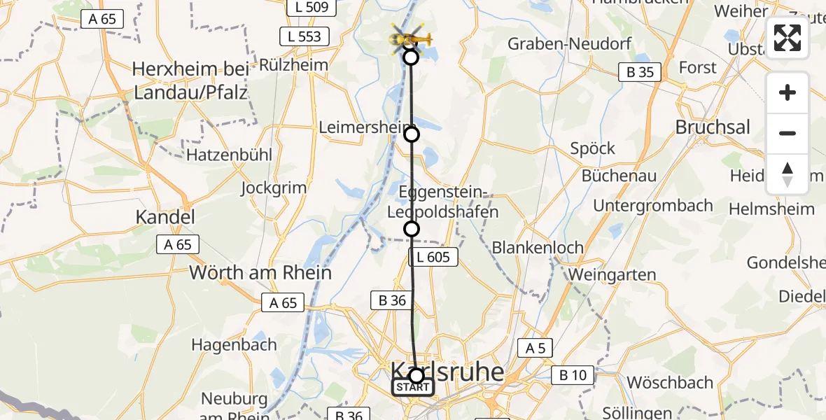 Flugroute Rettungshubschrauber Sankt Vincentius Hospital - Liedolsheim, 18 März 2026, 16:42