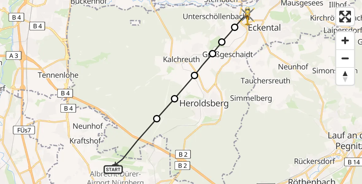 Flugroute Rettungshubschrauber Nuremberg Airport - Brand, 18 März 2026, 16:44