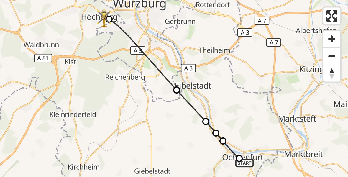 Flugroute Rettungshubschrauber Ochsenfurt - Höchberg, 18 März 2026, 16:51
