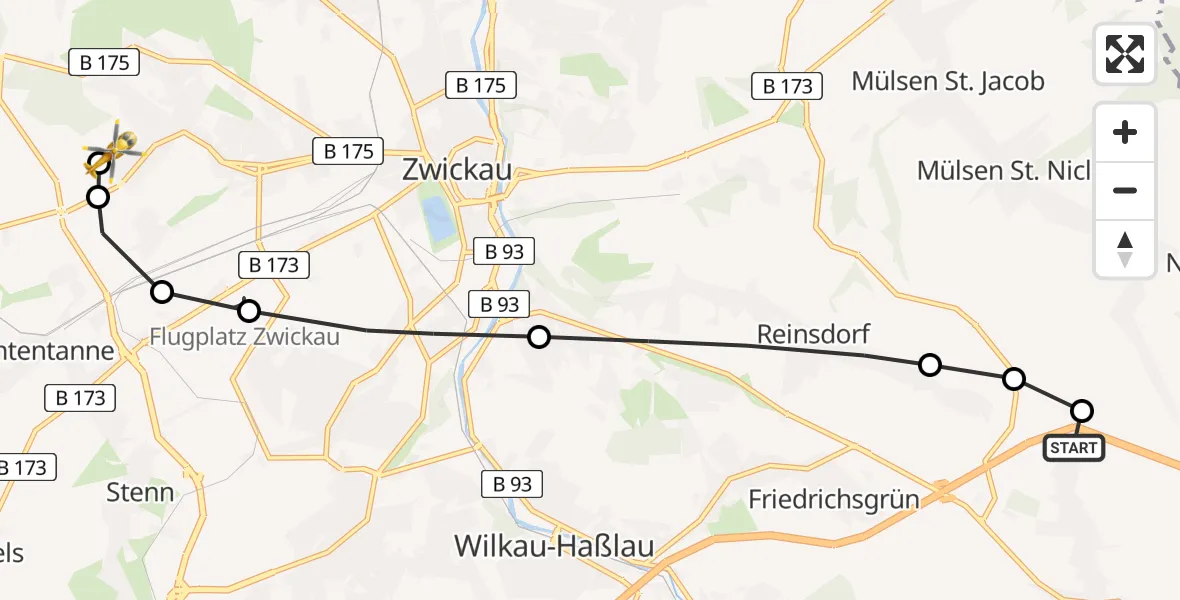 Routekaart van de vlucht: Rettungshubschrauber nach ADAC Air Rescue Station Zwickau Heliport