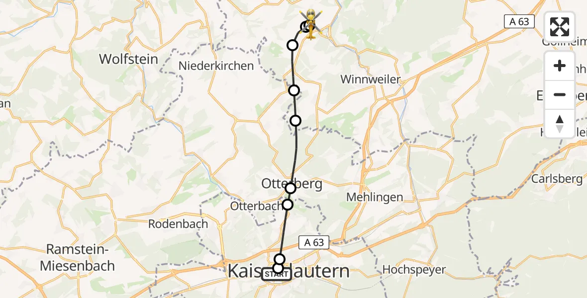 Flugroute Rettungshubschrauber Westpfalz Hospital Kaiserslautern - Imsweiler UL, 18 März 2026, 16:54