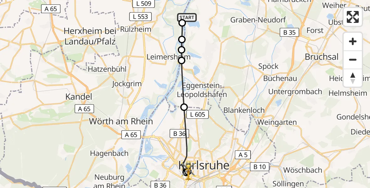 Flugroute Rettungshubschrauber Liedolsheim - Sankt Vincentius Hospital, 18 März 2026, 17:14