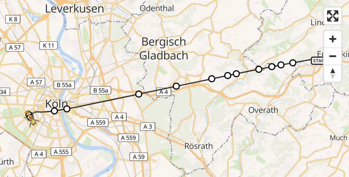 Flugroute Ambulanzhubschrauber Loope - Köln University Hospital, 18 März 2026, 17:15
