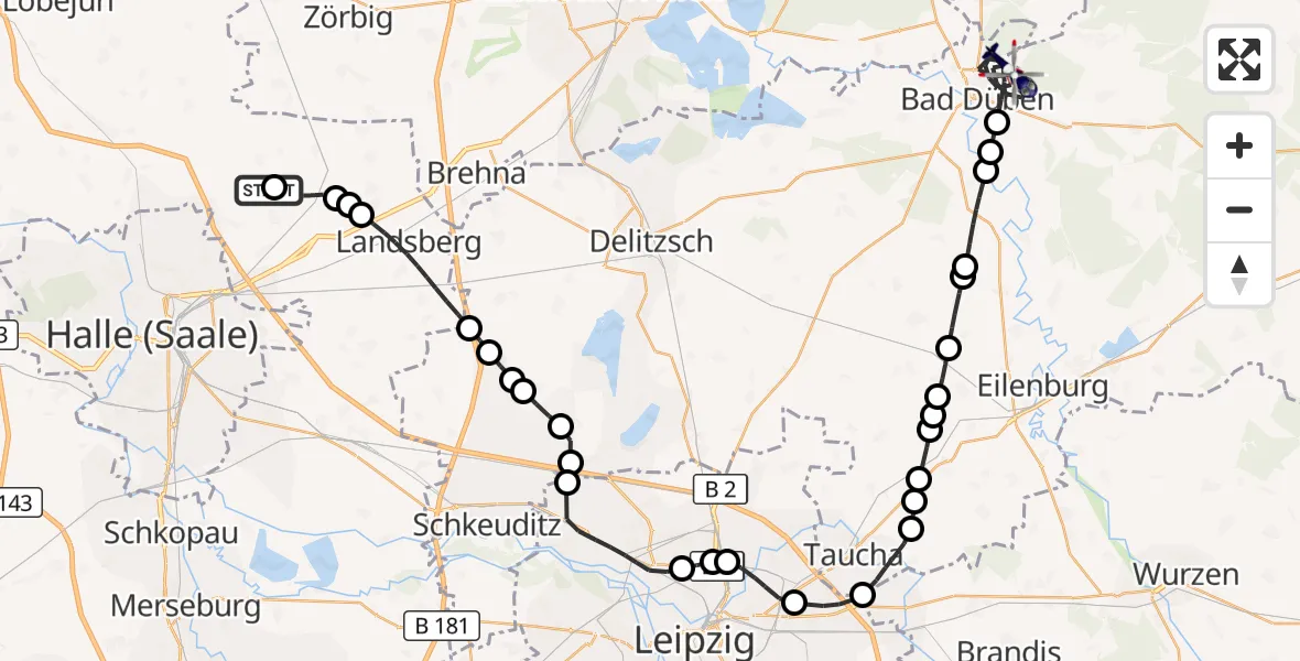 Flugroute Polizeihubschrauber Halle-Oppin Airfield - Bad Düben, 18 März 2026, 17:15
