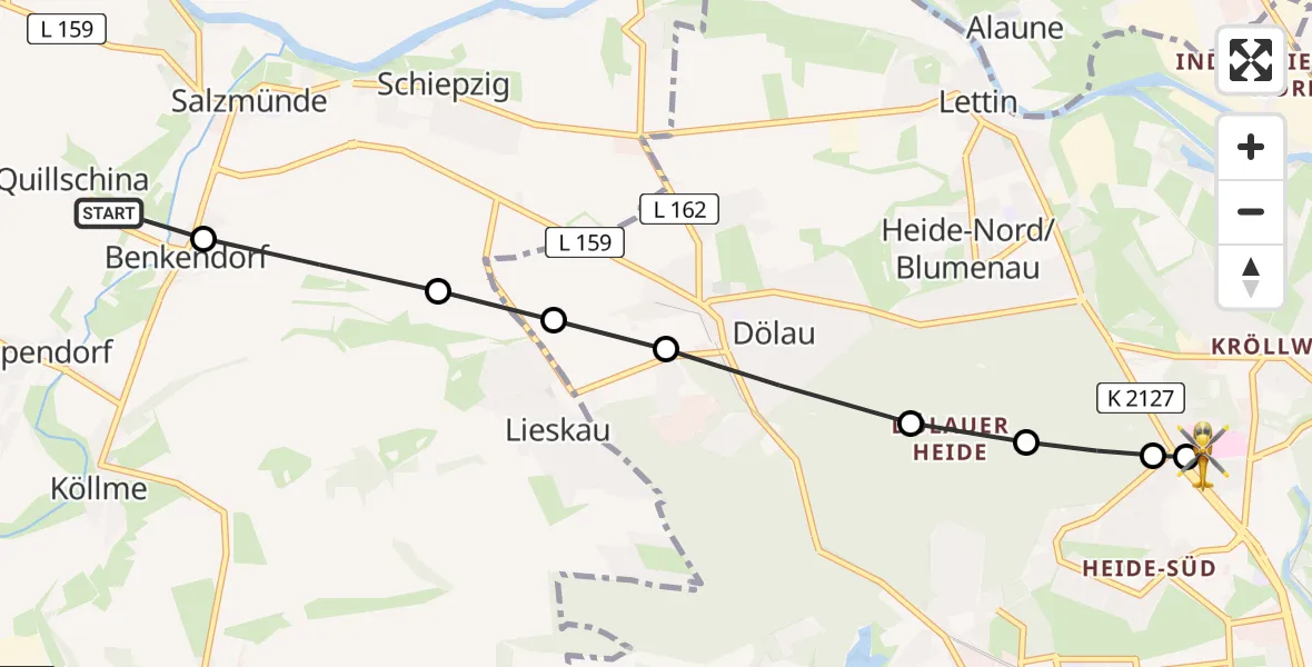 Flugroute Rettungshubschrauber Quillschina - Halle (Saale) University Hospital, 18 März 2026, 17:17
