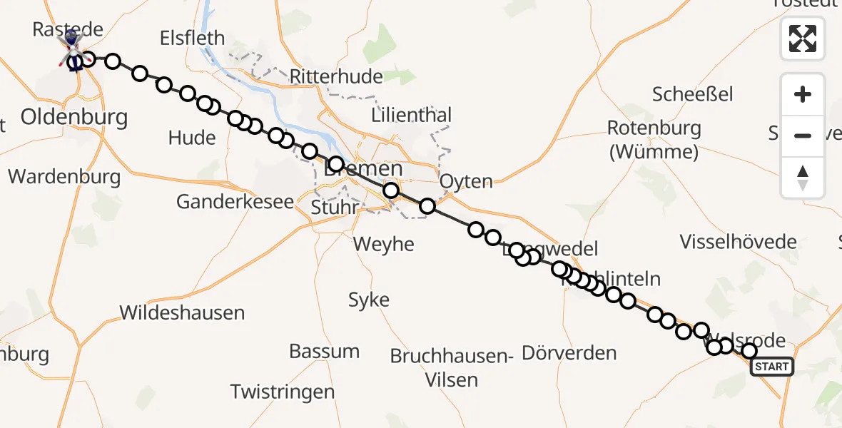 Flugroute Polizeihubschrauber Düshorn - Oldenburg Police Heliport, 18 März 2026, 17:20